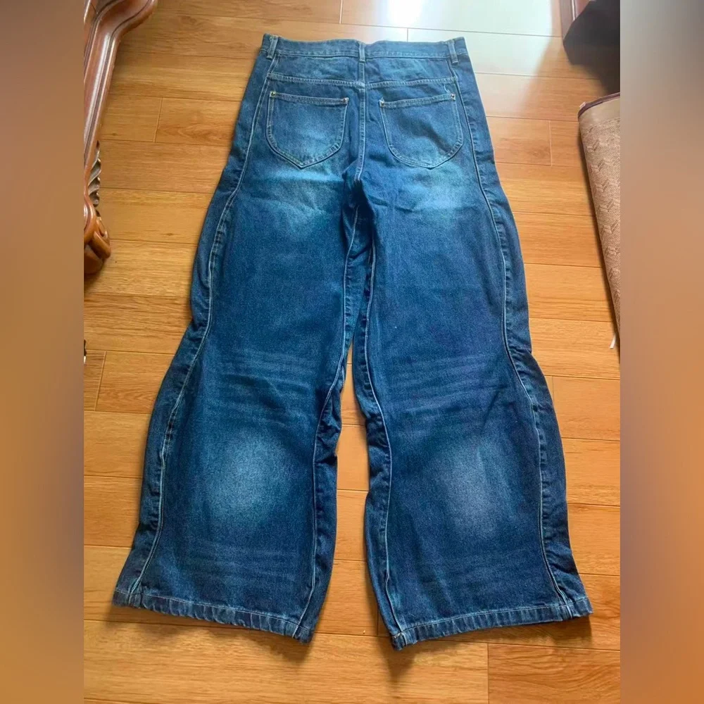 Men Trendy Wide Leg Wave‎ Design Jeans Influencer & Celebrity Inspired High Rise
